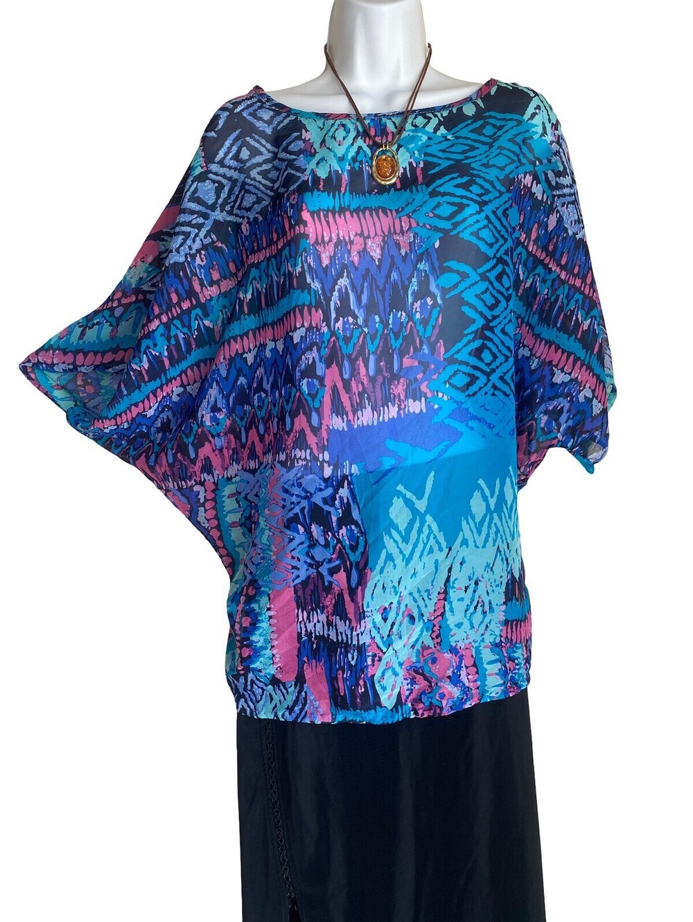 90s VTG Plus 3X Bohoo Blue Abstract Batwing Tunic Blouse Artsy Festival Fairy